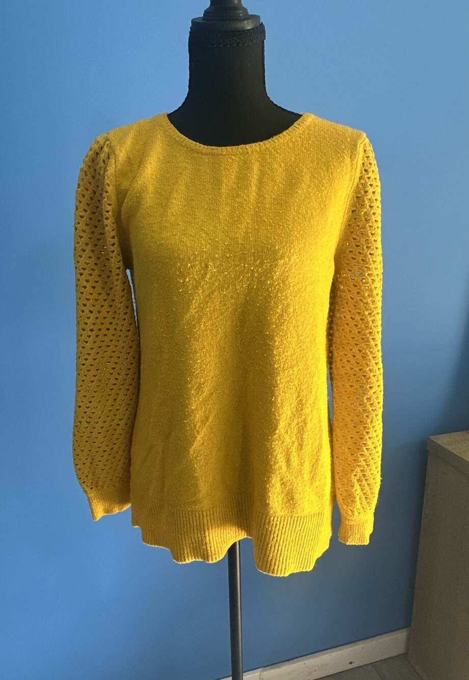 LOFT Mustard Yellow Long Sleeve Textured Knit Sweater with Open Weave Sleeve Det
